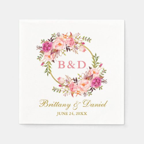 Floral Pink Wreath Gold Monogram Wedding Napkins