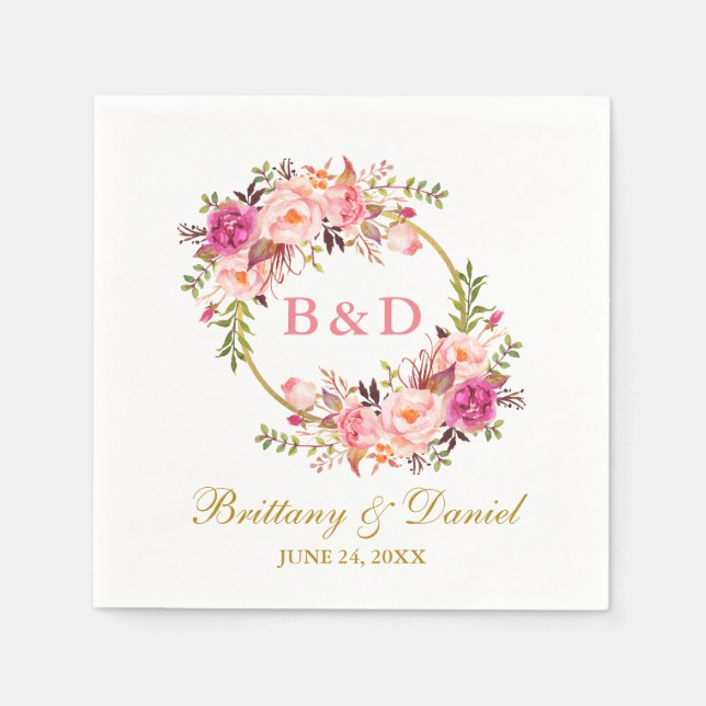Floral Pink Wreath Gold Monogram Wedding Napkins (Front)
