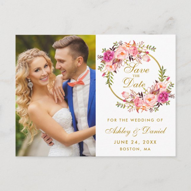 Floral Pink Wreath Gold Save The Date Photo Postcard (Front)