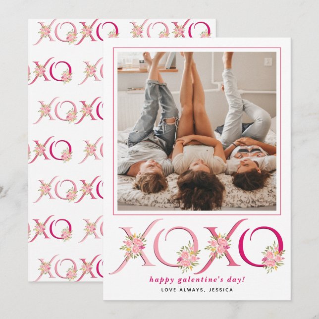 Floral pink  XOXO Galentines Day heart photo Holiday Card (Front/Back)