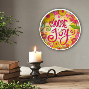 Floral Pink Yellow Choose Joy Quote Inspirivity Clock