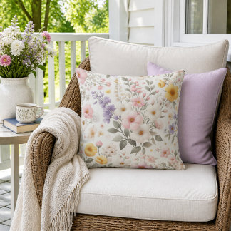 Floral Pink Yellow Lilac Wildflowers Outdoor Pillow