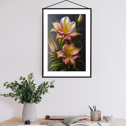 Floral Pink Yellow Lily Botanical Illustration Poster