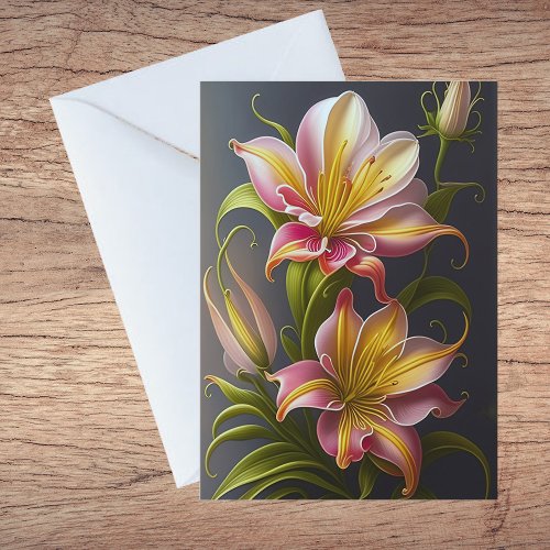 Floral Pink Yellow Lily Illustration Blank Note Card