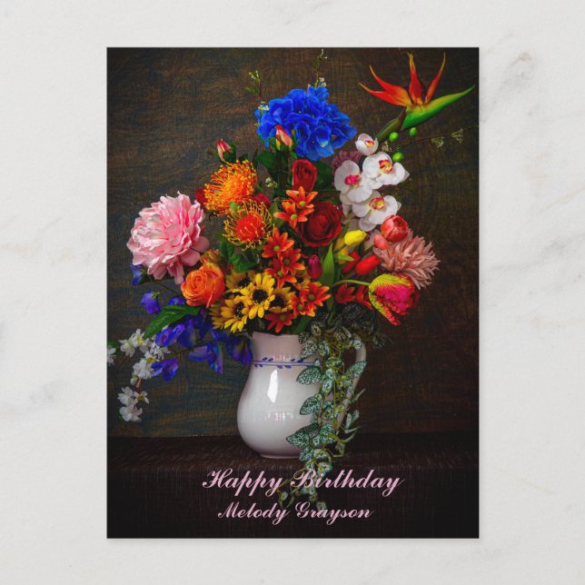  Floral Pitcher Still Life Personalized Birthday Postcard (Front)