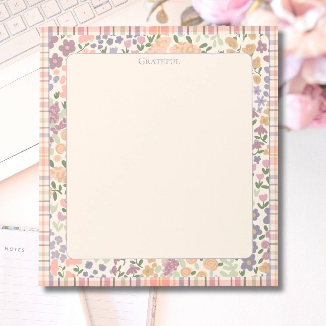 Floral Plaid “Grateful” Notepad –Pastel Stationery (Floral Plaid “Grateful” Notepad – Pastel Stationery for Notes & Lists)