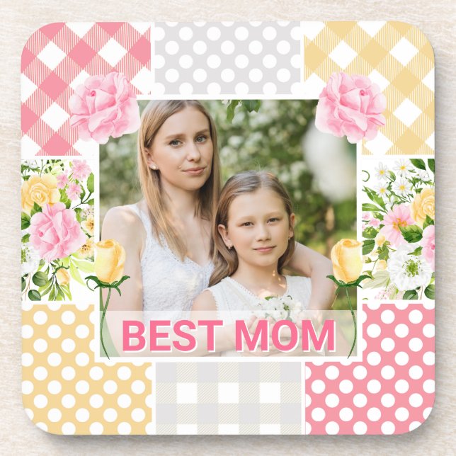 Floral & Plaid Photo Frame Mother's Day Beverage Coaster (Front)