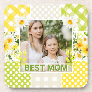 Floral & Plaid Photo Frame Mother's Day Beverage Coaster