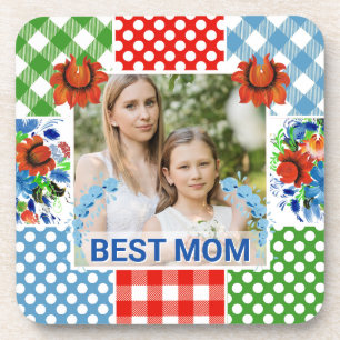 Floral & Plaid Photo Frame Mother's Day Beverage Coaster