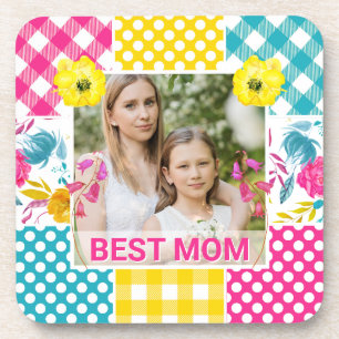 Floral & Plaid Photo Frame Mother's Day Beverage Coaster