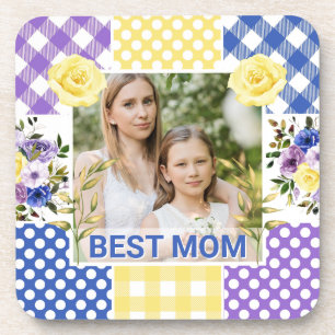 Floral & Plaid Photo Frame Mother's Day Beverage Coaster