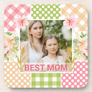 Floral & Plaid Photo Frame Mother's Day Beverage Coaster