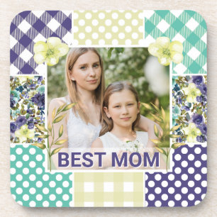 Floral & Plaid Photo Frame Mother's Day Beverage Coaster