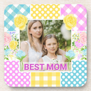 Floral & Plaid Photo Frame Mother's Day Beverage Coaster