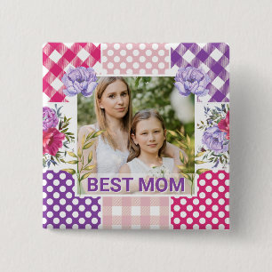 Floral & Plaid Photo Frame Mother's Day Button