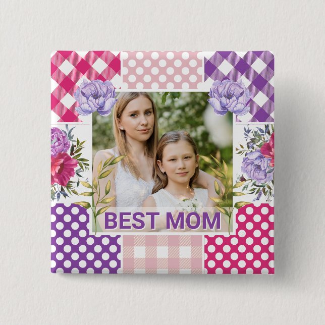 Floral & Plaid Photo Frame Mother's Day Button (Front)