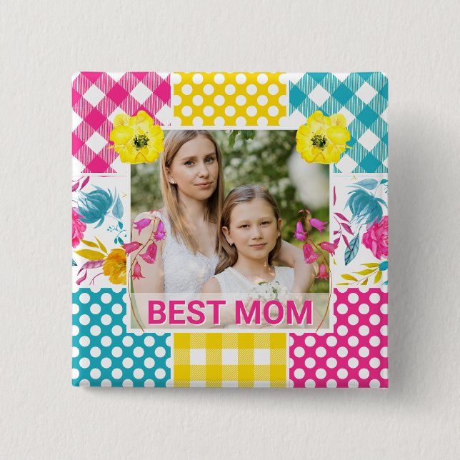 Floral & Plaid Photo Frame Mother's Day Button (Front)