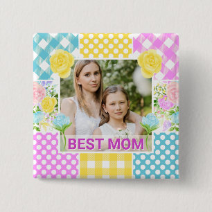 Floral & Plaid Photo Frame Mother's Day Button
