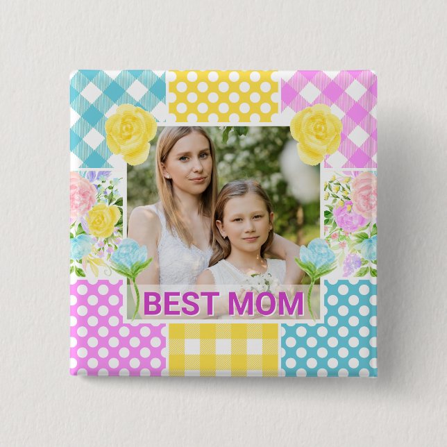 Floral & Plaid Photo Frame Mother's Day Button (Front)