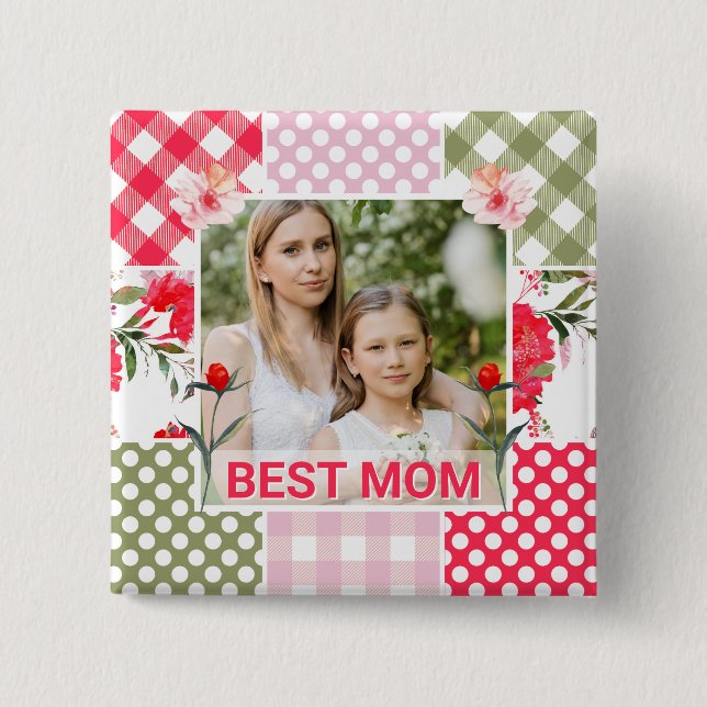 Floral & Plaid Photo Frame Mother's Day Button (Front)