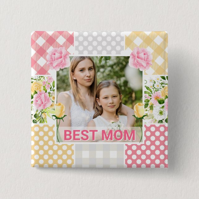 Floral & Plaid Photo Frame Mother's Day Button (Front)