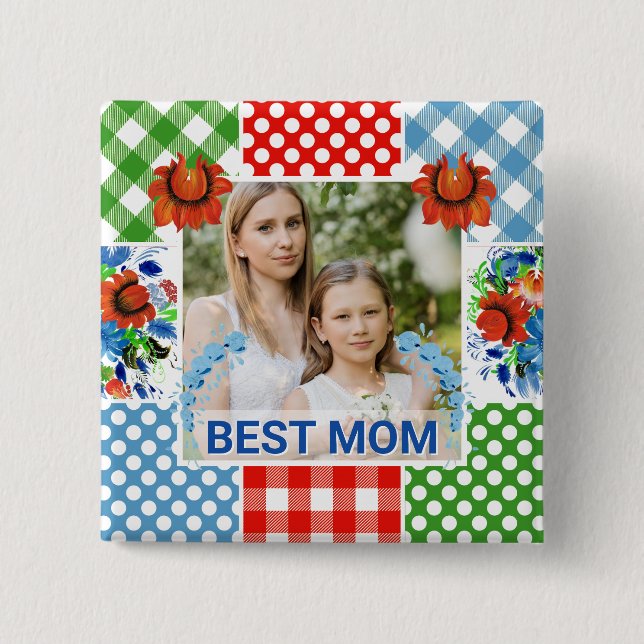Floral & Plaid Photo Frame Mother's Day Button (Front)