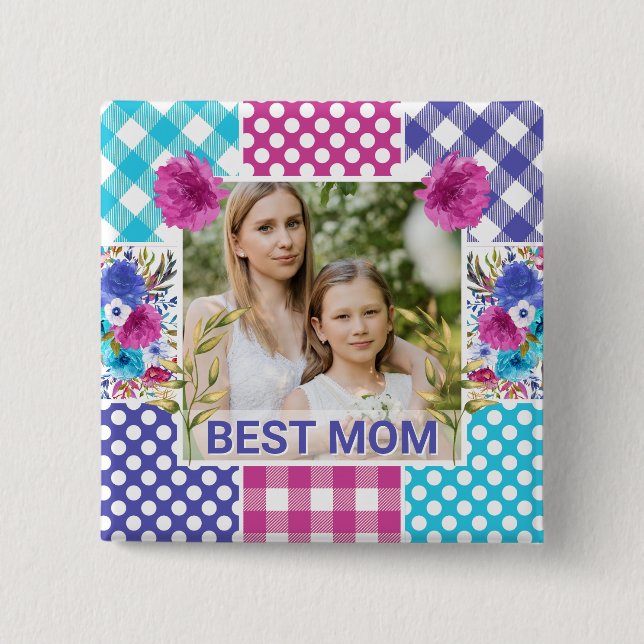 Floral & Plaid Photo Frame Mother's Day Button (Front)