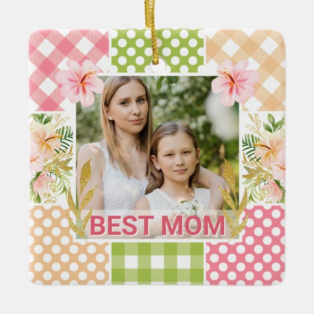 Floral & Plaid Photo Frame Mother's Day Ceramic Ornament (Front)