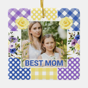Floral & Plaid Photo Frame Mother's Day Ceramic Ornament