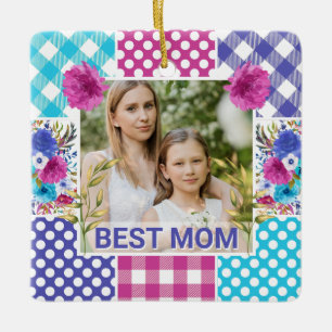 Floral & Plaid Photo Frame Mother's Day Ceramic Ornament