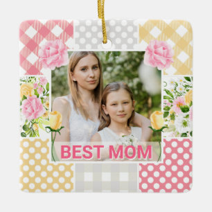 Floral & Plaid Photo Frame Mother's Day Ceramic Ornament
