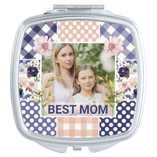 Floral & Plaid Photo Frame Mother's Day Compact Mirror (Front)