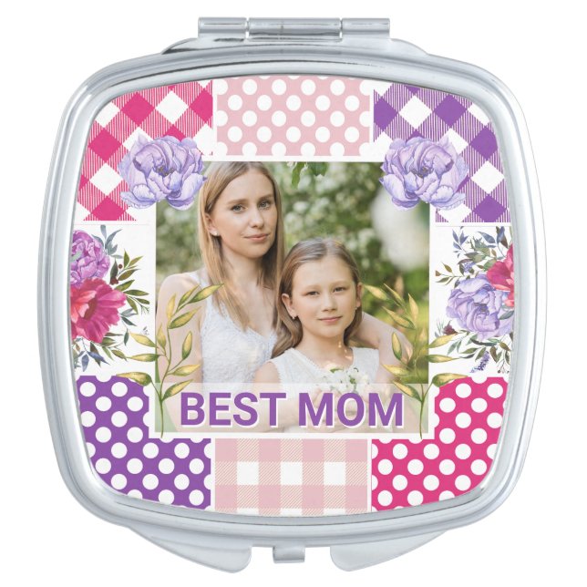 Floral & Plaid Photo Frame Mother's Day Compact Mirror (Front)