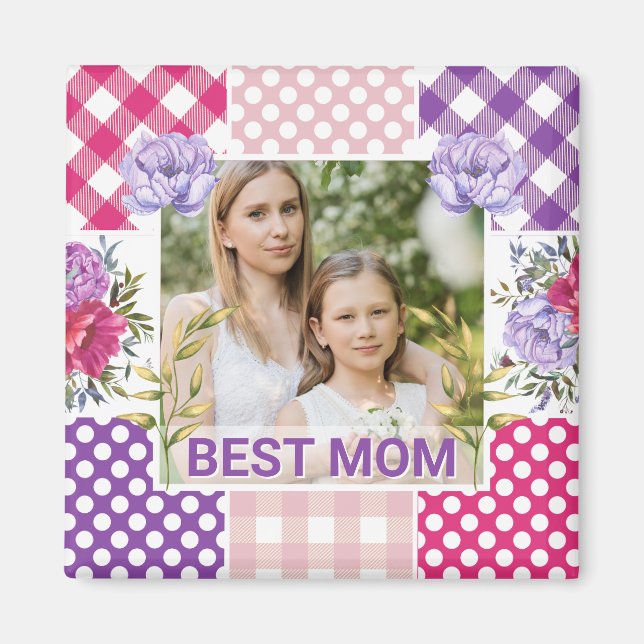 Floral & Plaid Photo Frame Mother's Day Magnet (Front)