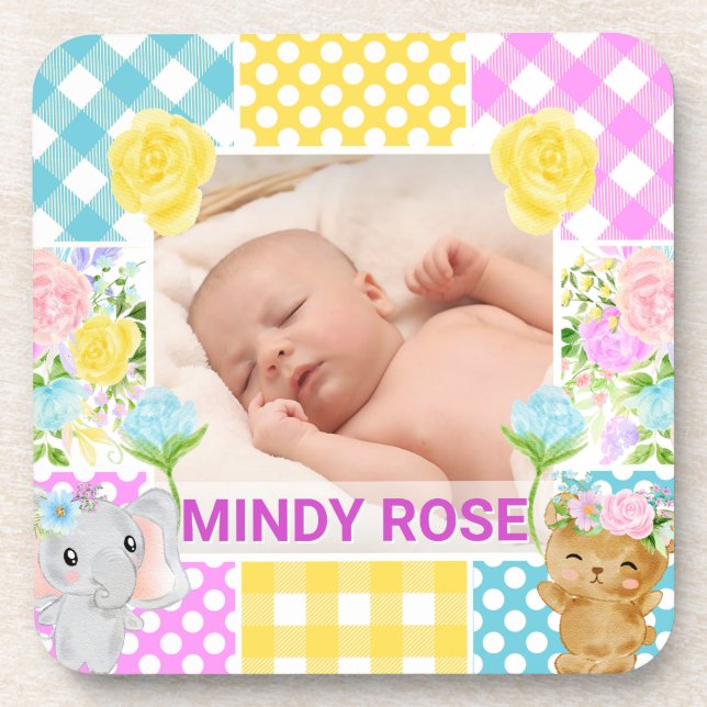 Floral & Plaid Photo Frame Newborn Baby Beverage Coaster (Front)