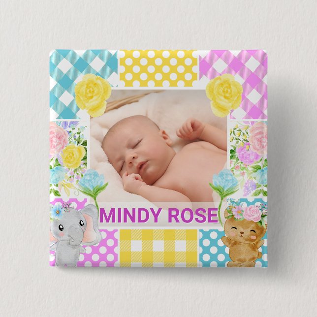 Floral & Plaid Photo Frame Newborn Baby Button (Front)