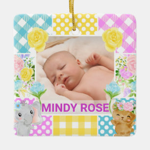 Floral & Plaid Photo Frame Newborn Baby Ceramic Ornament