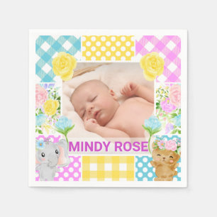 Floral & Plaid Photo Frame Newborn Baby Napkins