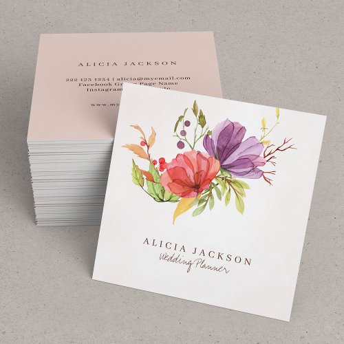 Floral plum and red watercolor wedding planner square business card