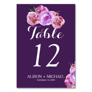 Floral plum blush violet fall wedding guest table number
