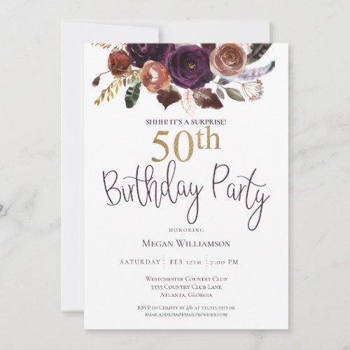 Floral Plum Gold Surprise 50th Birthday Party  Invitation