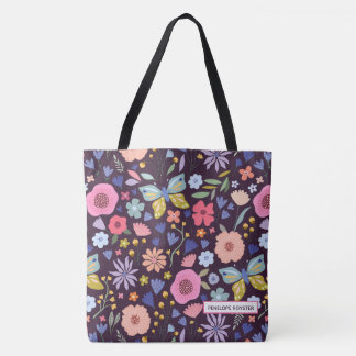 Floral & Plum Name Tote Bag