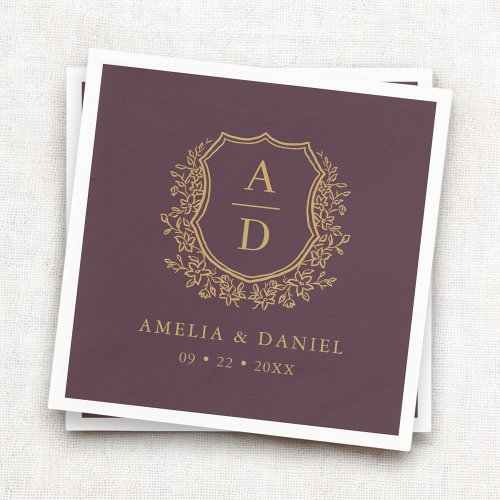 Floral Plum Purple Gold Crest Wedding Monogram Napkins