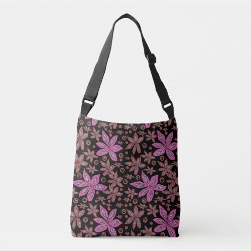 Floral Pods Brown  Fuchsia on Black Tote