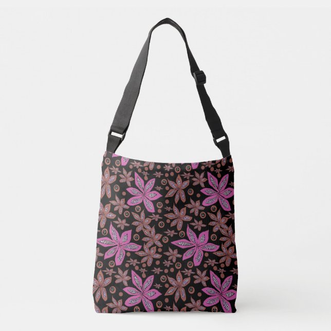 Floral Pods Brown & Fuchsia on Black Tote (Front)