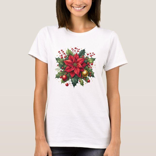 Floral Poinsettia Christmas – Festive Holiday T-Shirt (Front)