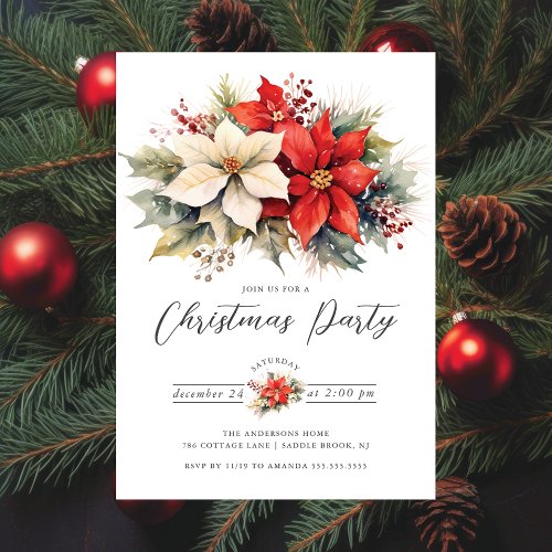 Floral Poinsettia Christmas Party Invitation