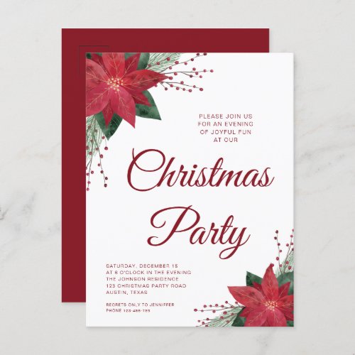 Floral Poinsettia Christmas Party Invitation   Postcard