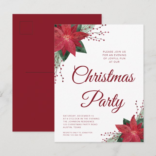 Floral Poinsettia Christmas Party Invitation   Postcard (Front/Back)
