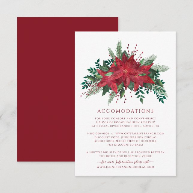Floral Poinsettia Christmas Wedding Accommodations Enclosure Card (Front/Back)